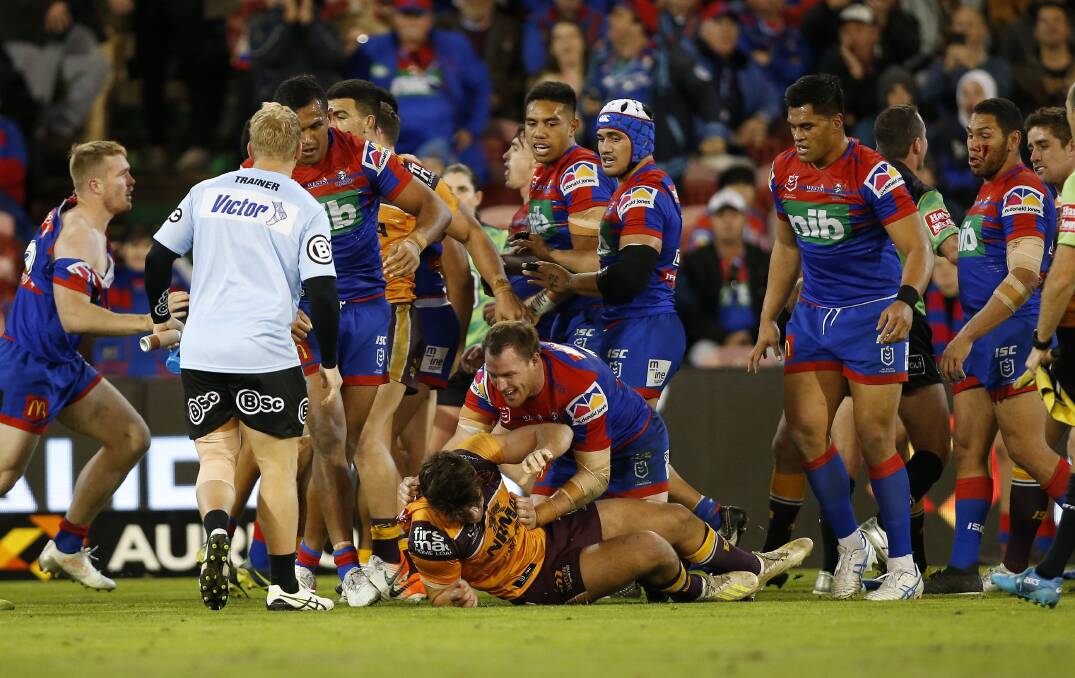 STANDING THEIR GROUND: The Knights beat the Broncos fair and square last week, then enjoyed the last laugh at full-time. Picture: Darren Pateman