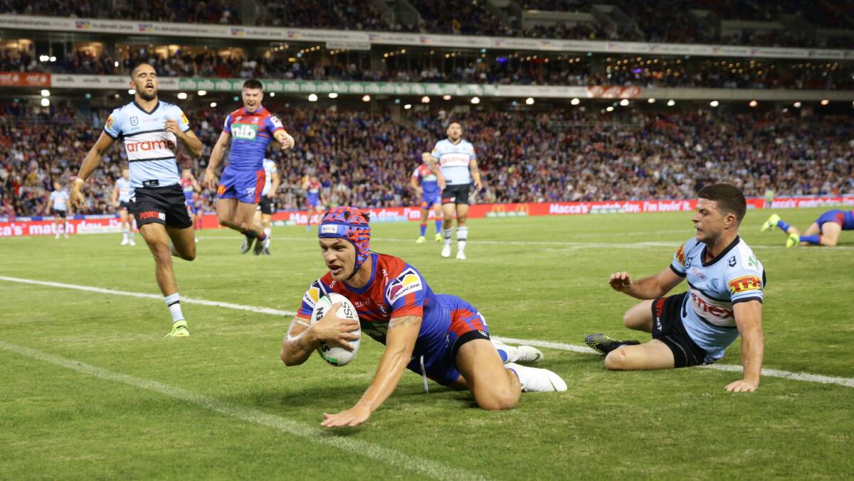 TRY: Kalyn Ponga scores against Cronulla. Picture: Jonathan Carroll