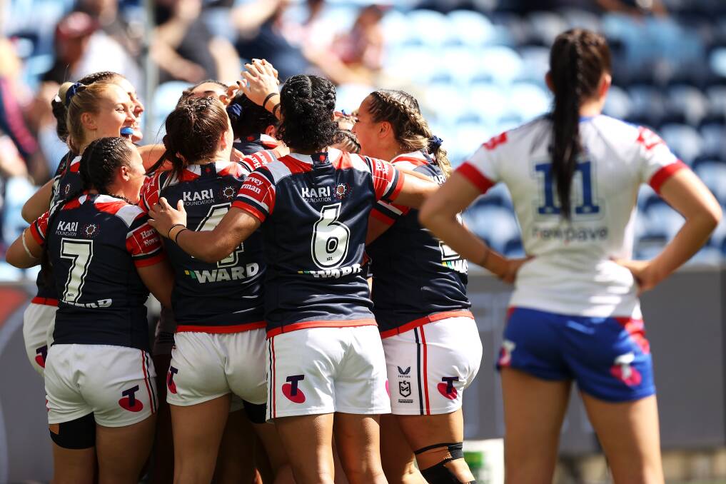 Sydney Roosters celebrate a try against the Knights. Picture by Getty images