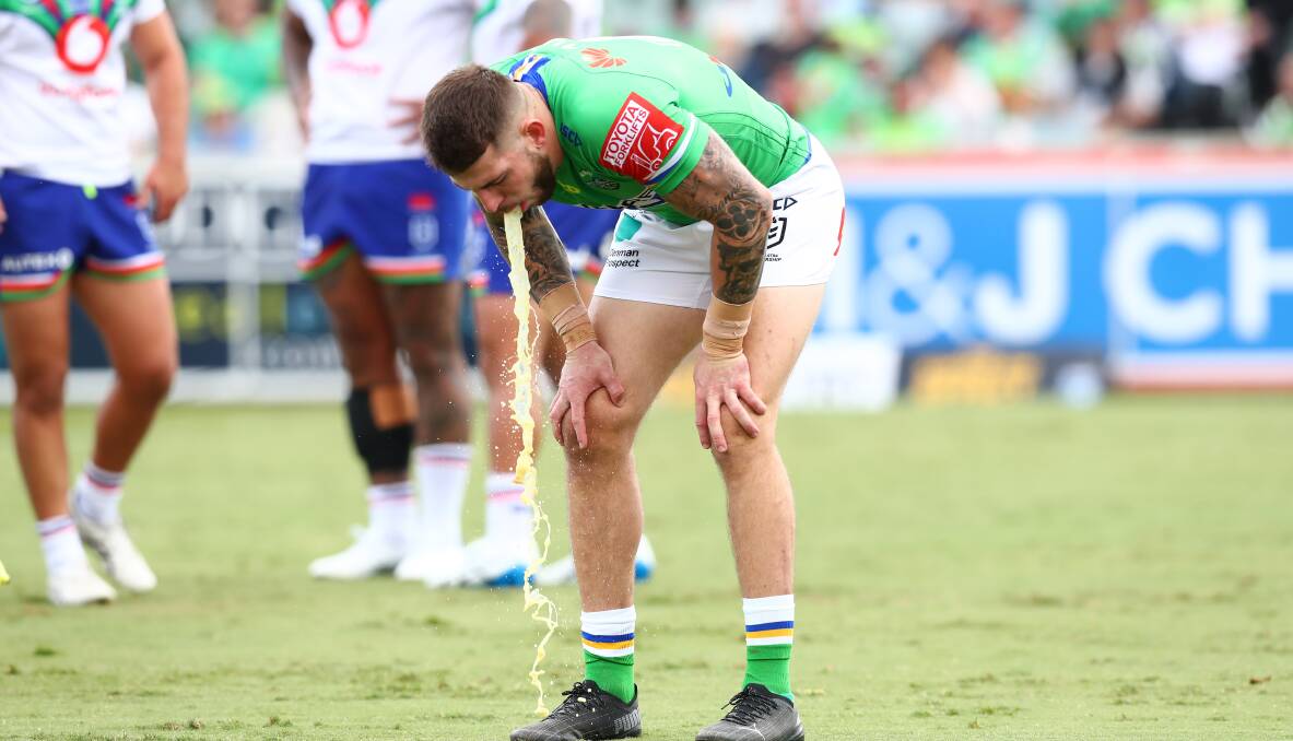 GREEN AROUND THE GILLS: Canberra centre Curtis Scott has a good-old fashioned up and under during last week's loss to the Warriors. Picture: Keegan Carroll