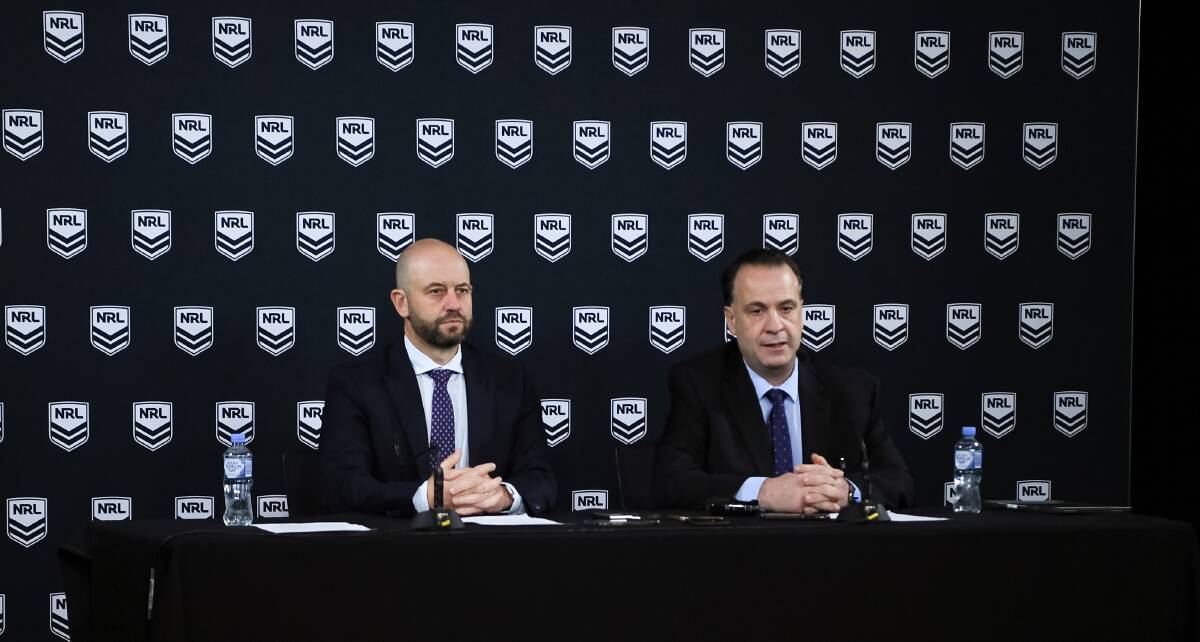 CAP IN HAND: NRL chairman Peter V'Landys, right, and CEO Todd Greenberg face the media this week. Picture: Nathan Hopkins, NRL Photos