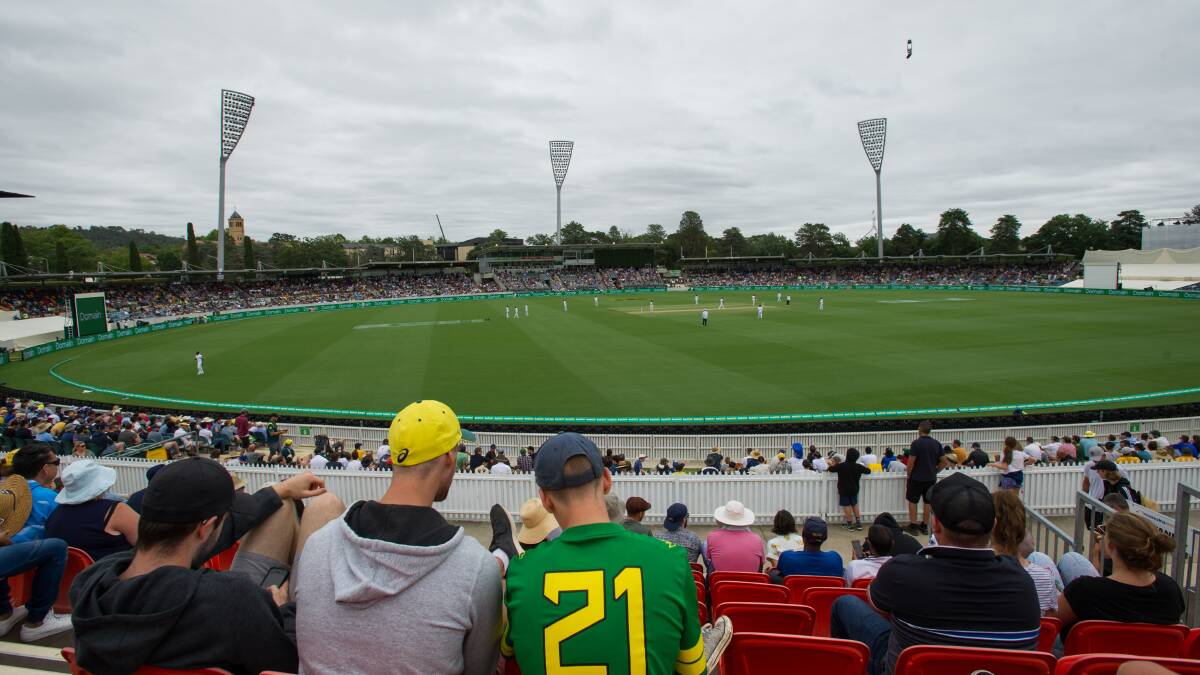 CAPITAL GAINS: A panoramic view of the crowd that attended the inaugural cricket Test match at Canberra's Manuka Oval. Picture: AAP