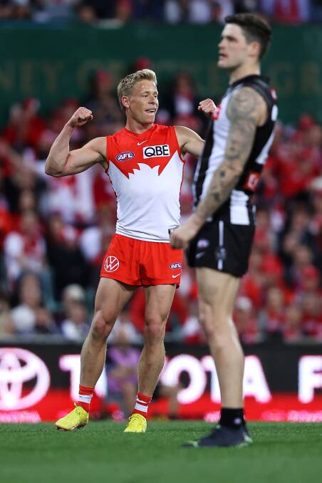 Isaac Heeney celebrates a goal against Collingwood. Picture by Getty Images