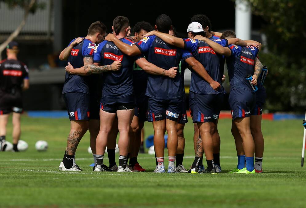 ALL FOR ONE: Newcastle's players show a united front after a conditioning and ballwork session at Wests Mayfield on Thursday morning. They did weights in the afternoon. It was their first official training day of 2022. Pictures: Jonathan Carroll