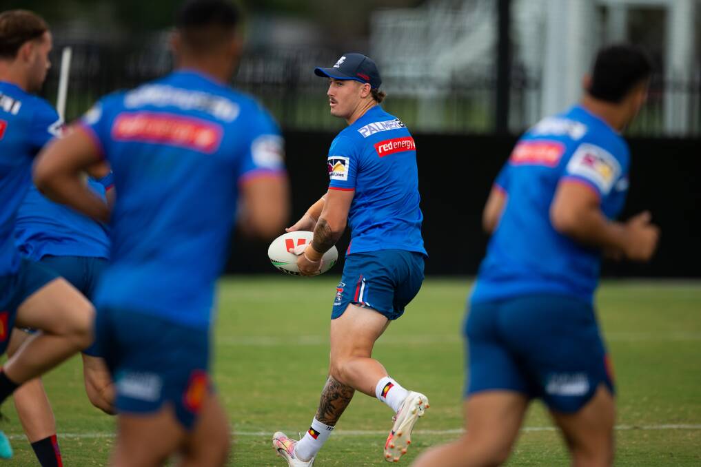 Dylan Lucas, above, at Knights training this week, Kai Pearce-Paul, top right, and Jed Cartwright, right. Pictures by Jonathan Carroll, Peter Lorimer & AAP