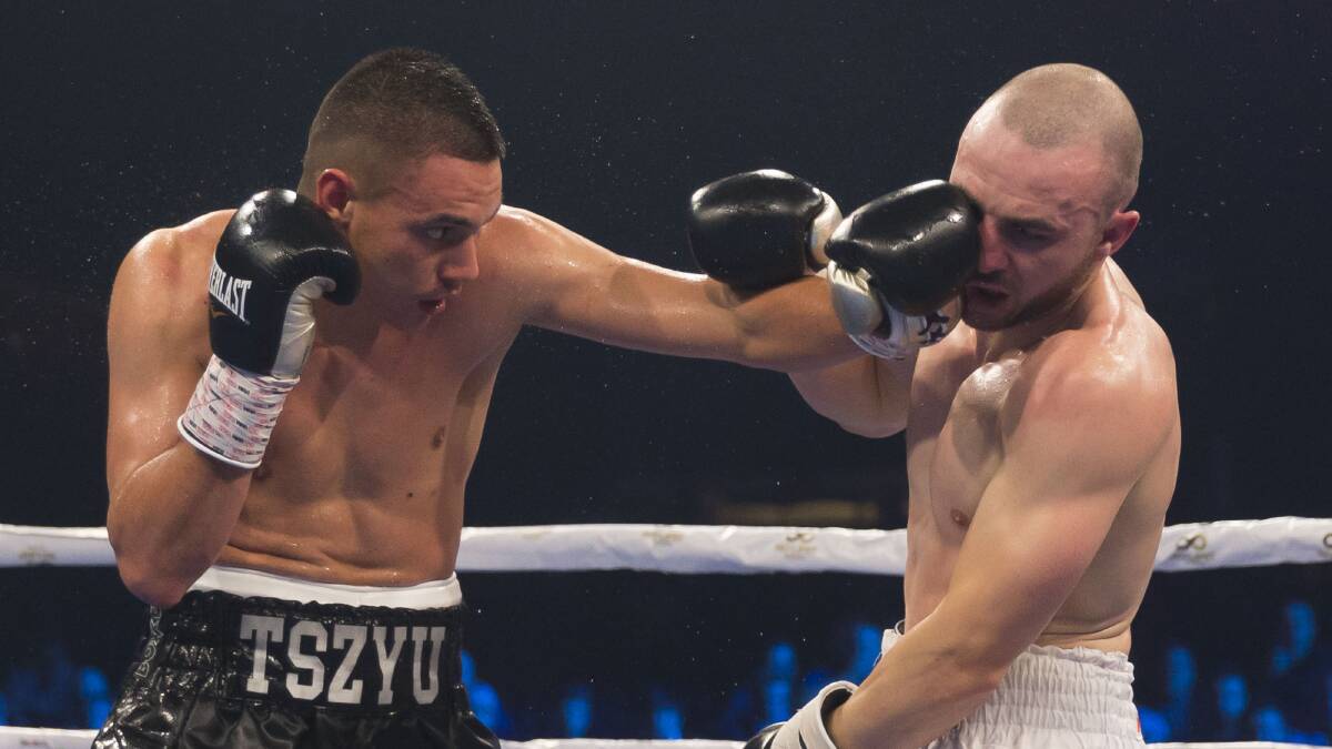 BINGO: Tim Tszyu lands a left on Joel Camilleri during their Australian super-welterweight title bout at The Star Casino in Sydney on Wednesday. Picture: AAP