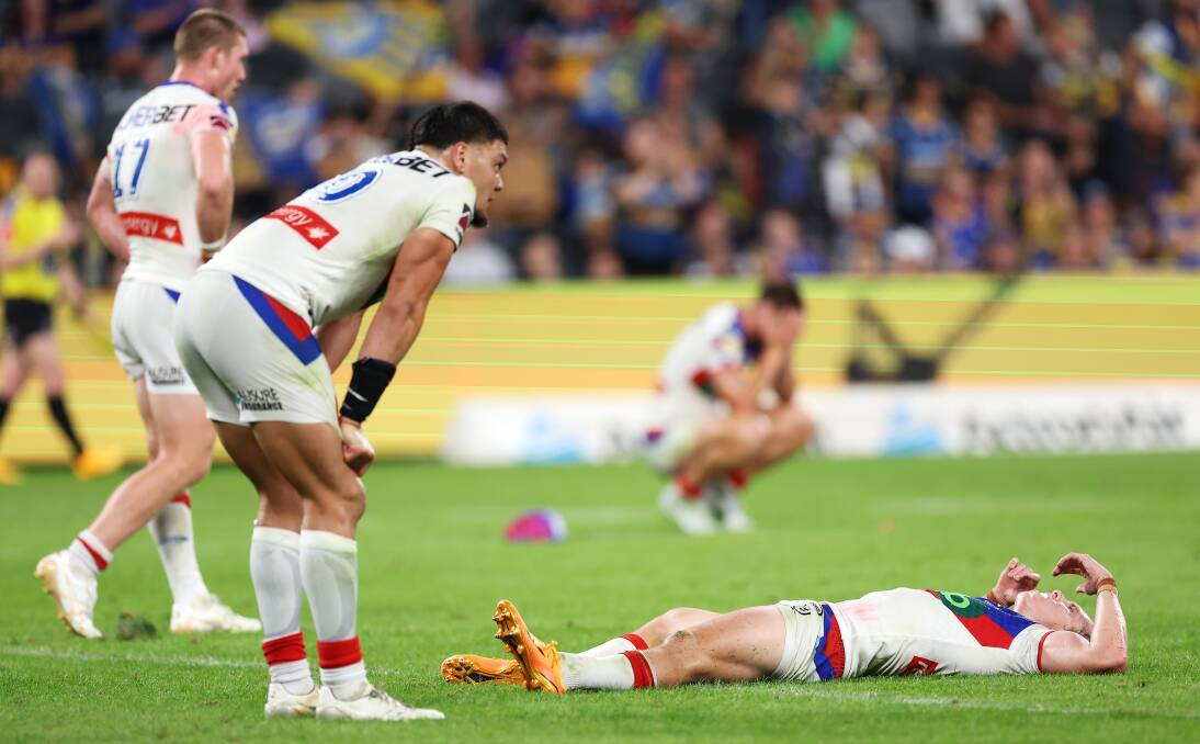 Newcastle players at full-time after last week's 43-12 hammering from Parramatta at CommBank Stadium. Picture by Getty Images