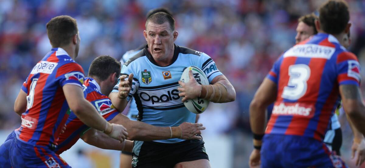 DOMINANT: Cronulla skipper Paul Gallen hits it up against the Knights. Picture: Jonathan Carroll