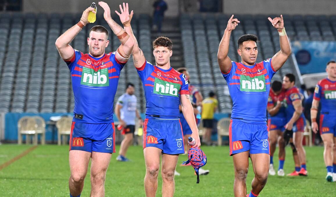 ROUND OF APPLAUSE: The Knights celebrate their win against Brisbane last week. They head to Townsville on Saturday seeking another scalp. Picture: Grant Trouville, NRL Photos