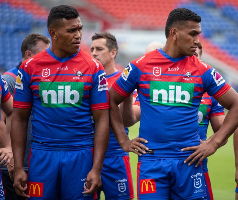 DOUBLE VISION: After a strong pre-season, Jacob Saifiti, right, is hoping to join twin sibling Daniel in Newcastle's round-one team against the Warriors. Picture: Marina Neil
