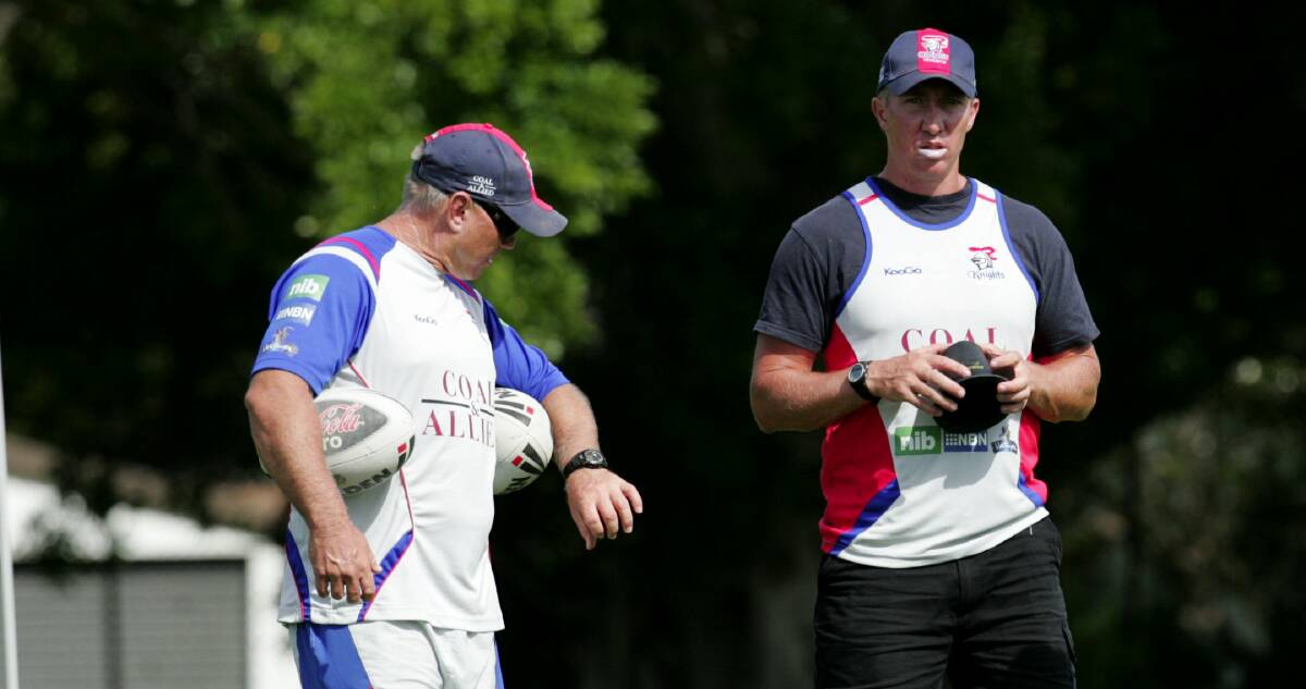 FLASHBACK: Rick Stone, left, and Trent Robinson at a Newcastle training session in 2009. At the time, both were assistants to head coach Brian Smith. Picture: Ryan Osland