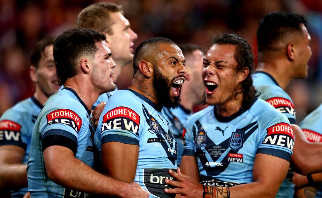 BLUE BEAUTY: NSW celebrate a Josh Addo-Carr try. Picture: Getty Images