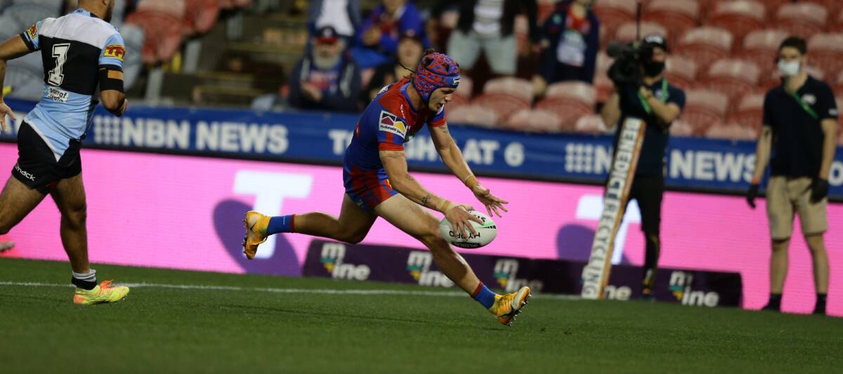 TRY TIME: Kalyn Ponga scored against Cronulla. Picture: Jonathan Carroll