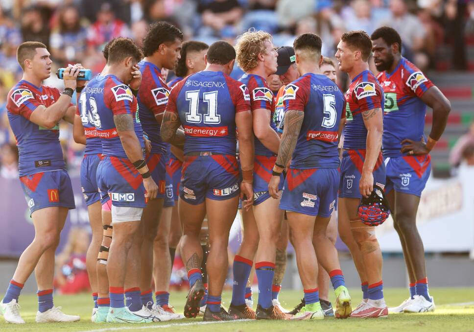STRUGGLING: The Knights after conceding a try against Parramatta.