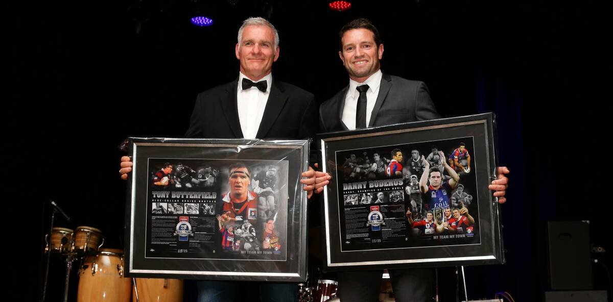CHAMPIONS: Tony Butterfield and Danny Buderus were inducted into the Knights' Hall of Fame in 2014. Picture: Jonathan Carroll