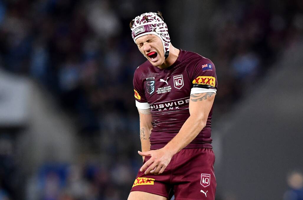 STATE OF EUPHORIA: Kalyn Ponga celebrates victory after Origin III last season. He shapes as one of the main threats to NSW in this year's interstate series. Picture: Darren England, AAP