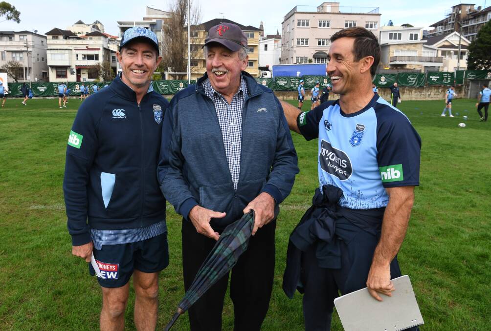 WOK SOLID: Coaching maestro Warren Ryan with NSW assistant coaches Greg Alexander and Andrew Johns at a training session this week. Picture: AAP