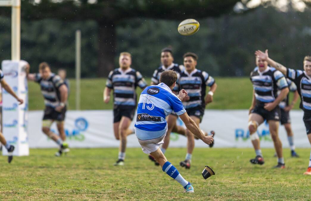 SO NEAR BUT YET SO FAR: Wanderers captain Luke Simmons misses a last-minute conversion attempt, leaving scores locked at 22-all with Nelson Bay. The Two Blues hence bowed out of the finals. Picture: Stewart Hazell