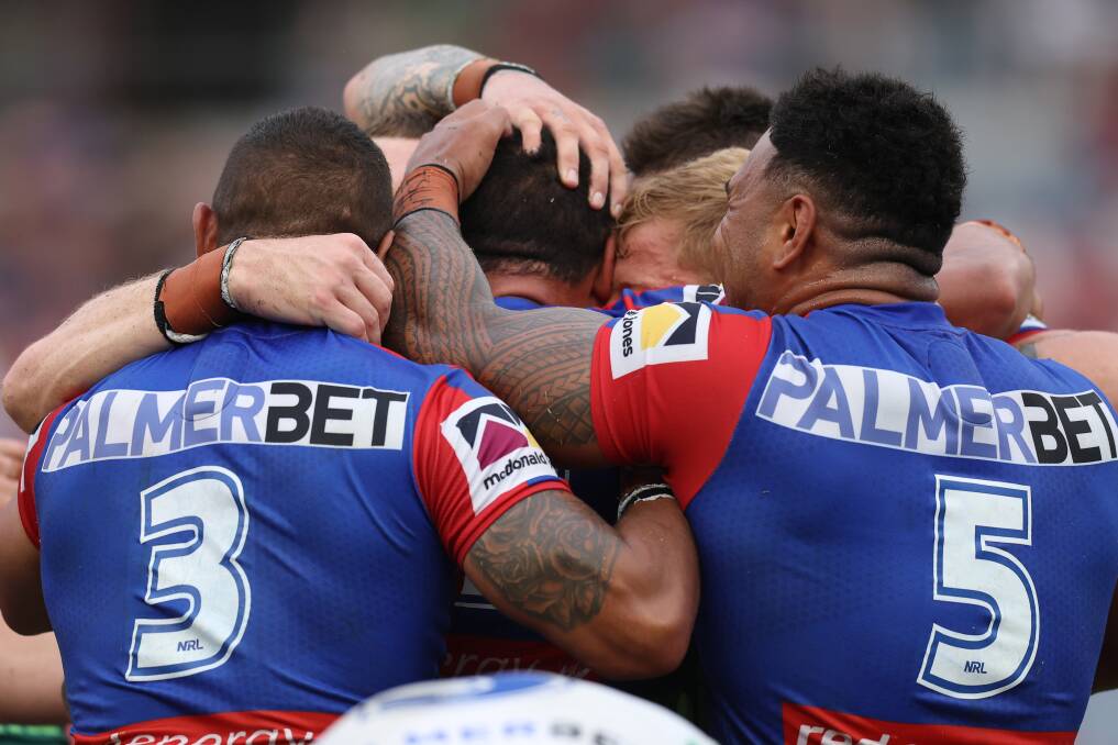 Newcastle celebrate Tyson Frizell's try. Picture Getty Images