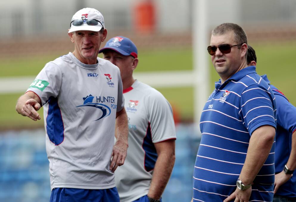 THICK AND THIN: Knights owner Nathan Tinkler, right, and coach Wayne Bennett before Newcastle's opening game of the 2012 season. Picture: Ryan Osland