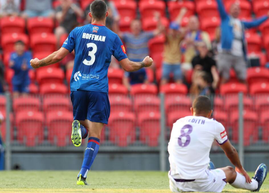 GOAL: Newcastle winger Jason Hoffman celebrates after scoring the opener against Perth Glory at McDonald Jones Stadium on Saturday. Picture: Getty Images