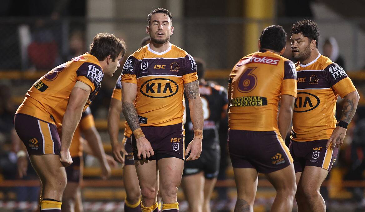 SOCIAL DISTANCING: Brisbane players did their best to stay at least 1.5 metres away from any Wests Tigers attackers on Friday night. Picture: Getty Images