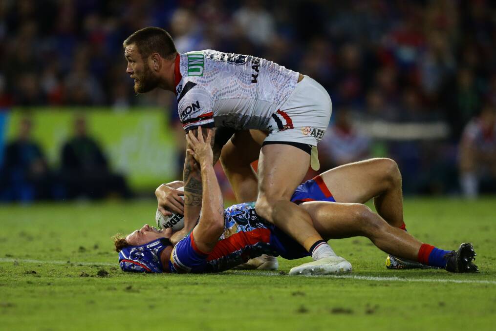 FLASHBACK: Roosters enforcer Jared Waerea-Hargreaves roughs up Kalyn Ponga last year. He copped a two-game ban. Picture: Jonathan Carroll