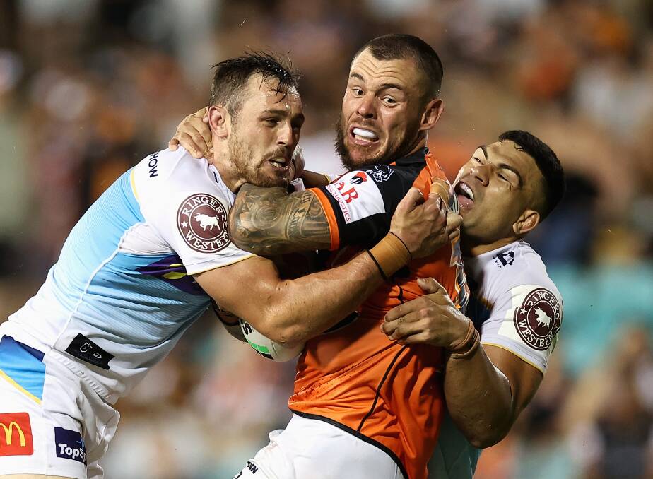 Former Knights enforcer David Klemmer made 186 attacking metres and 34 tackles in his debut for the Wests Tigers. Picture by Getty Images