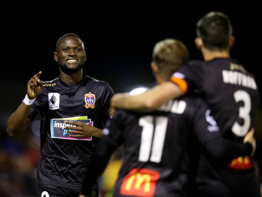 ALL SMILES: Pamamanian striker Abdiel Arroyo celebrates after opening the Jets account in the 4-1 victory over Edgeworth in the FFA Cup clash at Jack McLaughlan Oval on Wednesday night.