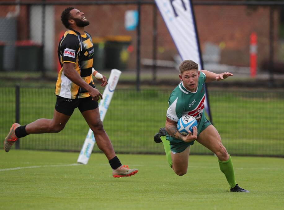 HAT-TRICK HERO: Winger Caileb Gerrard runs around closer to the posts for a try after taking a beautifully-executed chip kick by Brendan Holliday in the Wildfires' 45-7 trial win over Penrith. Pictures: Max Mason-Hubers