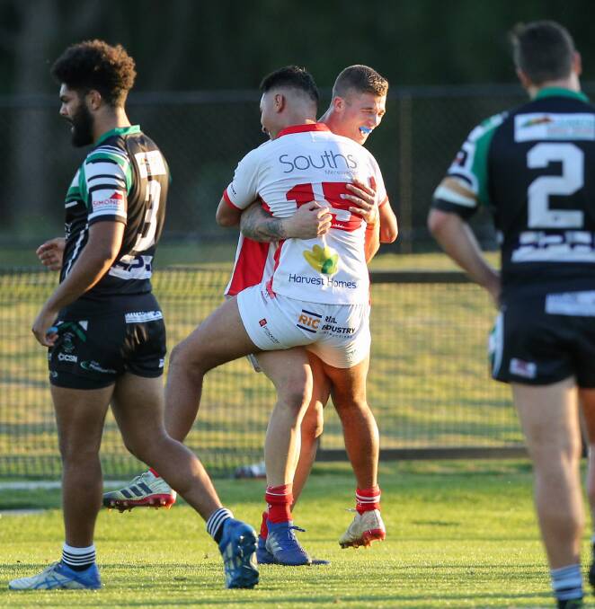 TRY TIME: South Newcastle back-rower Daniel Martine celebrates after touching down in the Lions 46-24 win over Maitland at Maitland Sportsground. Picture: Max Mason-Hubers