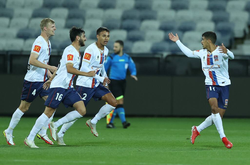 BRAVO: Midfielder Daniel Penha celebrates after scoring with a tracer bullet freekick in the Jets' 2-1 loss to Western United on Saturday night. Picture: Robert Cianflone (Getty Images)