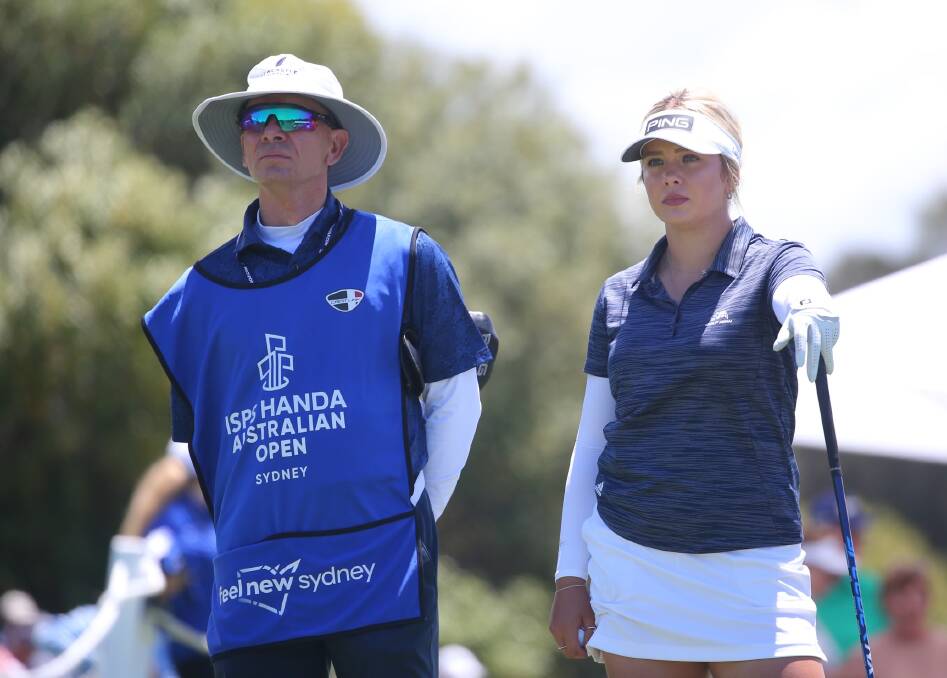 Coach Jason Laws and Ellas Scaysbrook during the Australian Open at The Lakes. Picture by David Tease, Golf NSW
