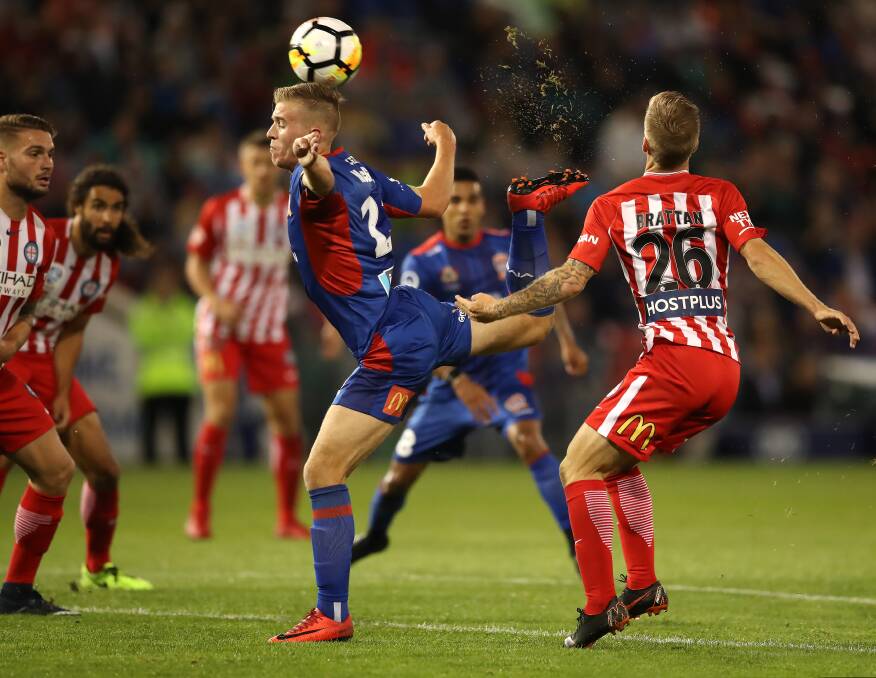 MAGIC MOMENT: Riley McGree's scorpion kick against Melbourne City helps spark the Jets to victory and earned world-wide acclaim. Picture: Sproule Sports Focus