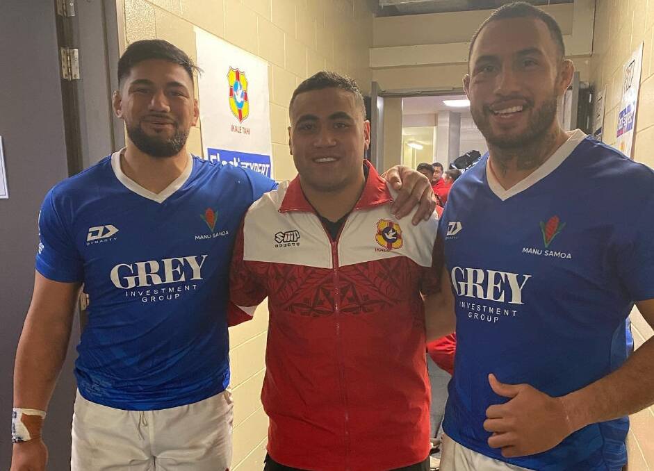 TESTING TIMES: Henry Stowers, Leon Fukofuka and OJ Noa after the test between Samoa and Tonga. Picture: Facebook 