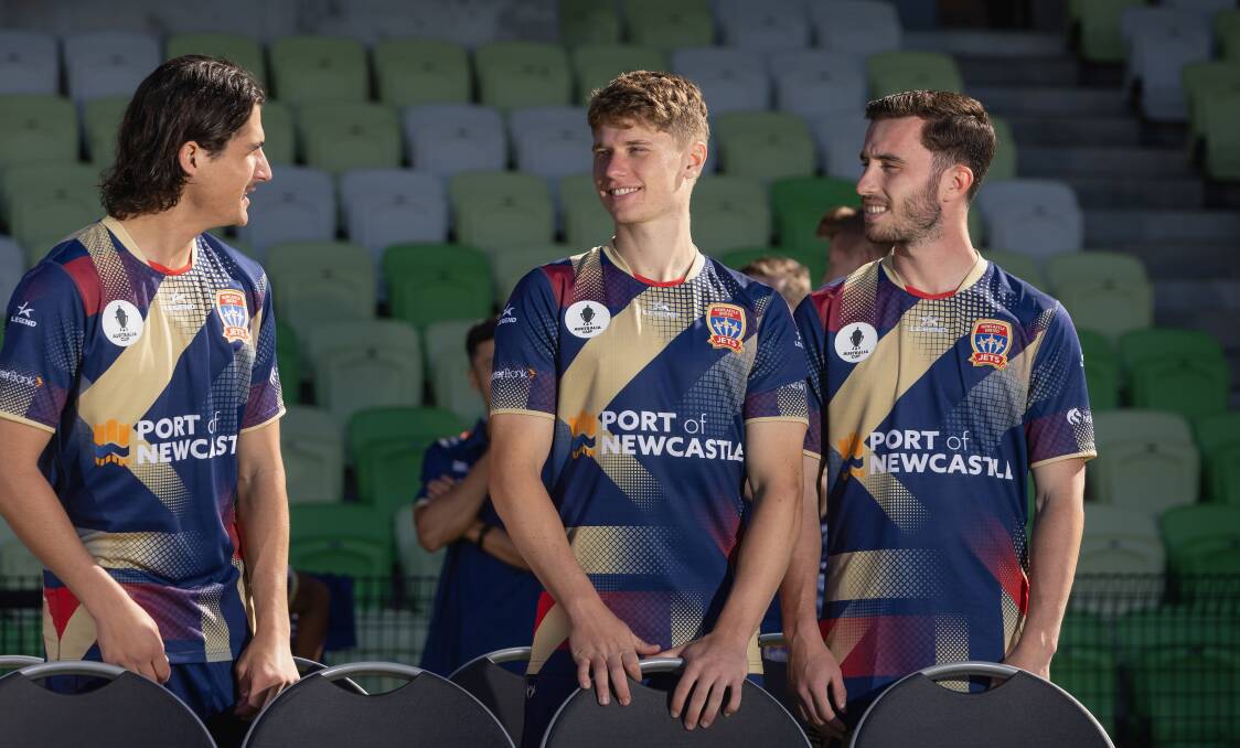 Lucas Mauragis (centre) has returned to the Newcastle Jets after a season on-loan at Wellington. Picture by Marina Neil