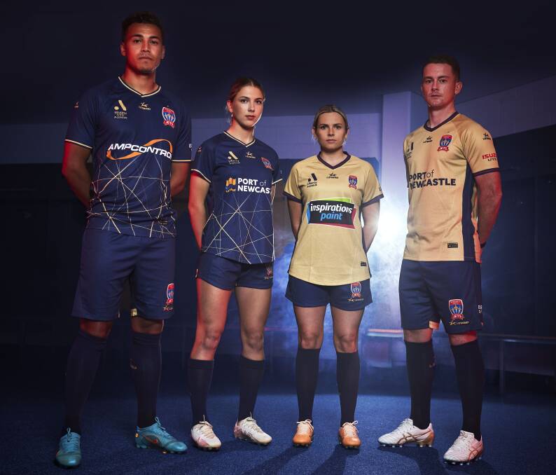 Players Dane Ingham, Claudia Cicco, Cassidy Davis and Brandon O'Neill in the Jets' new away and home playing kits. Picture Toybox Films