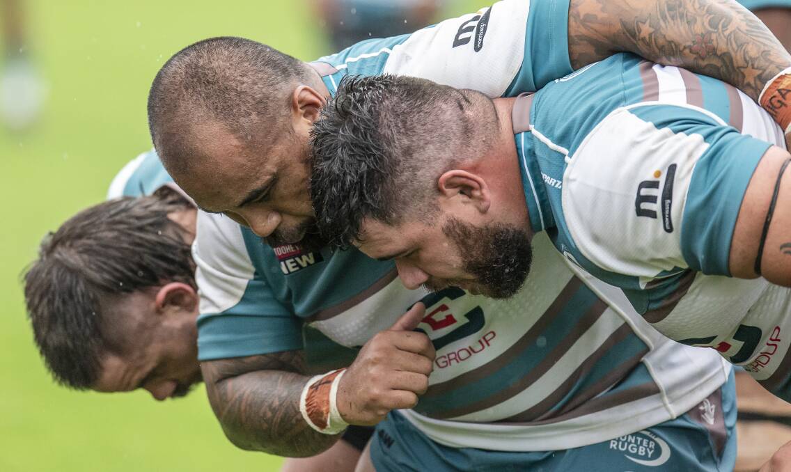 ENGINE ROOM: Loosehead prop Blair Rush (right), hooker Chris Ale and tighthead Nick Dobson prepare to pack a scrum against Norths. Picture: Stewart Hazell 