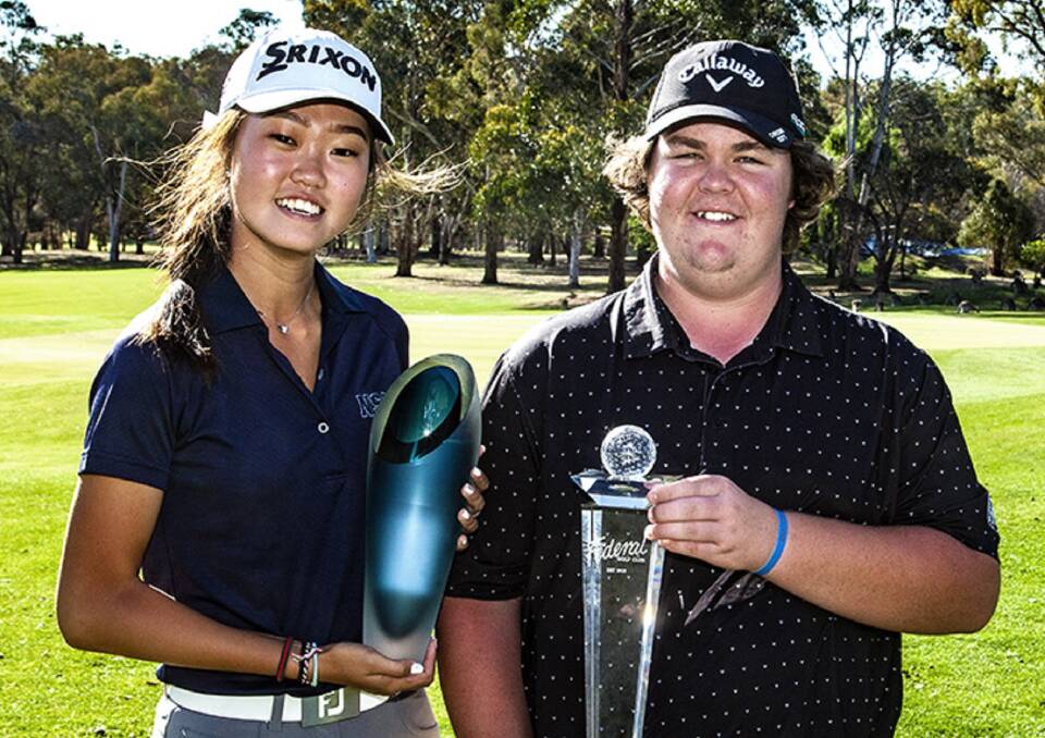 WINNERS ARE GRINNERS: Grace Kim and Branxton's Corey Lamb with their trophies after winning the women's and men's division of the Federal Amateur Open in Canberra on Sunday. Picture: Tony Miller
