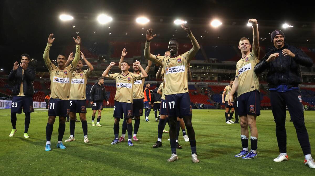 ON THE RISE: The Newcastle Jets celebrate their 2-1 win over Brisbane at McDonald Jones Stadium on Thursday night. Picture: Getty Images