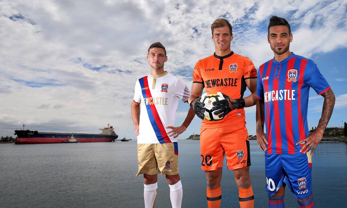 DRESSED FOR SUCCESS: Matthew Ridenton, Lewis Italiano and Ronny Vargas model the playing strips the Jets will wear in their Asian Champions League campaign. Picture: Sproule Sports Focus