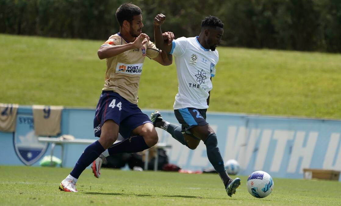 ON TARGET: Elvis Kamsoba opened the scoring for Sydney FC as the Sky Blues inflicted a 5-0 defeat of the Newcastle Jets at Macquarie University on Tuesday. Picture: Jaime Castaneda.