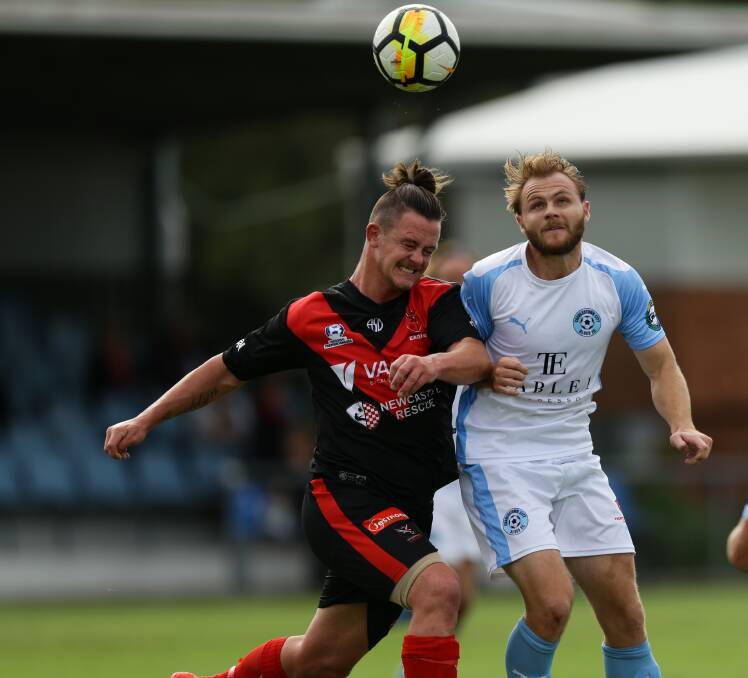 STEPPING UP: Suspended Charlestown City defender Tom Smart (right) will play alongside some of the club's rising stars in a friendly against the Mariners. Picture: Jonathan Carroll