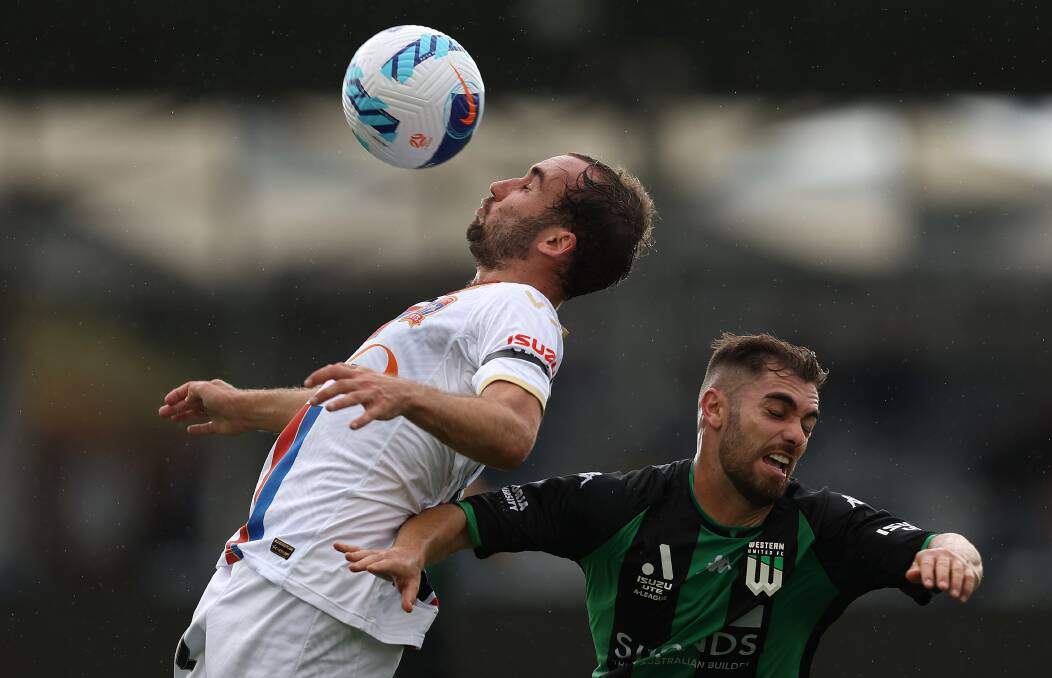 POSITIVE: Angus Thurgate scored his fourth goal of the season but it wasn't enough to save the Jets from a 2-1 defeat to A-League leaders Western United in Ballarat on Saturday. Picture: Getty Images