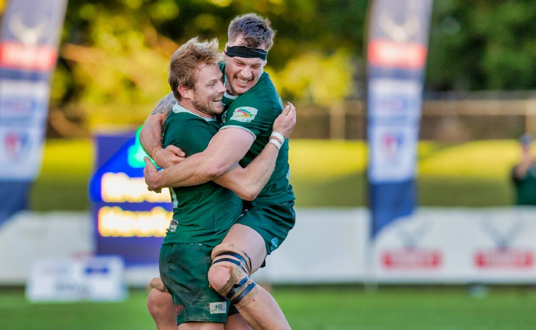 Brendan Jackson celebrates with Sam Bright after the fly-half kicked a penalty on full-time to seal a 28-26 win over Hamilton in the major semi-final. Picture by Stewary Hazell