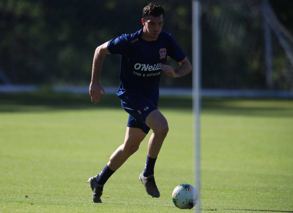 ON THE BALL: Fullback Matt Millar gets goes through his paces as the Jets trained together for the first time since the A-League was suspended on March 24. Pictures: Sproule Sports Focus