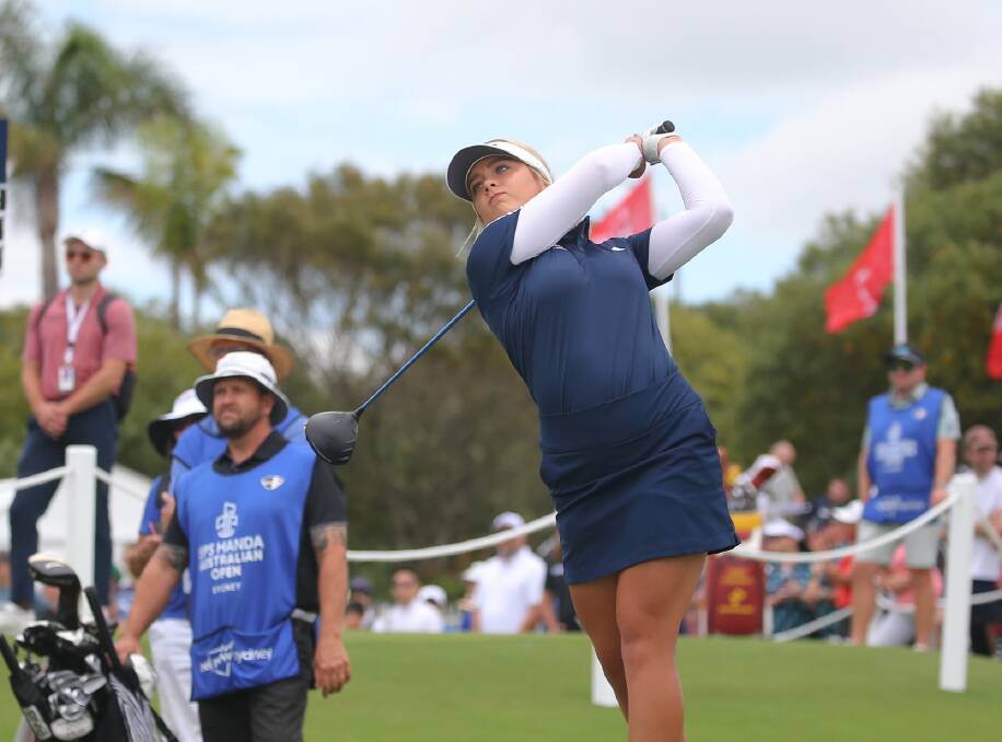 Newcastle young gun Ella Scaysbrook lets fly with a drive during the Australian Open. Picture by David Tease, Golf NSW