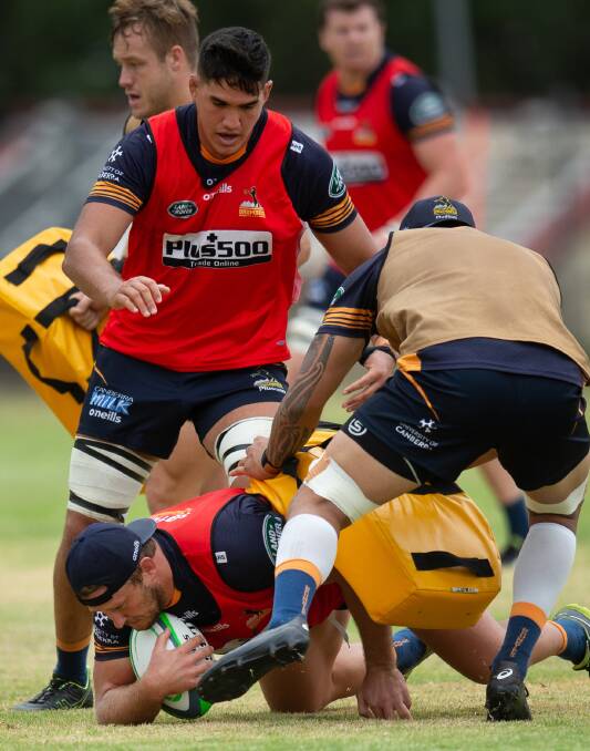 GROUND WORK: Brumbies prop James Slipper during a rucking drill. 