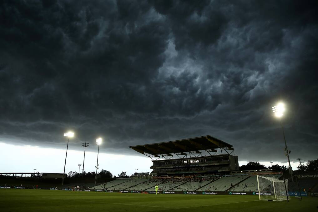 A firece storm twice delayed the game in the Jets' 1-0 win over Macarthur on Saturday night. Picture Getty Images 