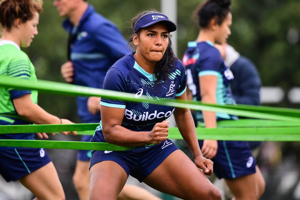 STRETCHED: Mahalia Murphy at Wallaroos training this week. The fullback has been helping out at Maitland in the lead up to the test series. Picture: Stu Walmsley (Rugby AU Media) 
